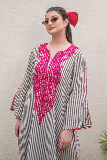 Daljit Sudan_Pink Cotton Embroidery Split V-neck, Yes Grey Stripes Kurta And Pant Set _Online_at_Aza_Fashions