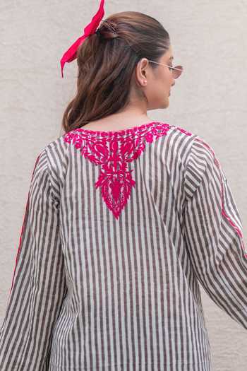 Buy_Daljit Sudan_Pink Cotton Embroidery Split V-neck, Yes Grey Stripes Kurta And Pant Set _Online_at_Aza_Fashions
