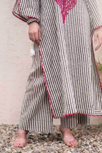 Shop_Daljit Sudan_Pink Cotton Embroidery Split V-neck, Yes Grey Stripes Kurta And Pant Set _Online_at_Aza_Fashions
