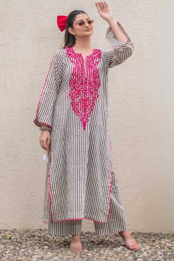 Shop_Daljit Sudan_Pink Cotton Embroidery Split V-neck, Yes Grey Stripes Kurta And Pant Set 