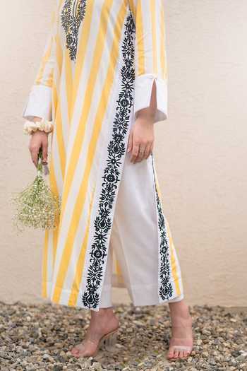 Shop_Daljit Sudan_Yellow Cotton Embroidery Split V-neck Striped Kurta And Pant Set _Online_at_Aza_Fashions