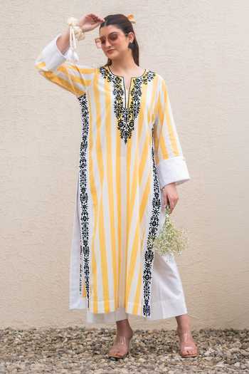 Daljit Sudan_Yellow Cotton Embroidery Split V-neck Striped Kurta And Pant Set _at_Aza_Fashions
