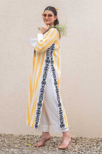 Shop_Daljit Sudan_Yellow Cotton Embroidery Split V-neck Striped Kurta And Pant Set 