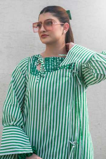 Shop_Daljit Sudan_Green Cotton Embroidery Square Neck, Yes Dark Striped Kurta And Pant Set _Online_at_Aza_Fashions