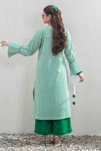 Shop_Daljit Sudan_Green Cotton Embroidery Square Neck, Yes Dark Striped Kurta And Pant Set 