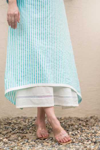 Daljit Sudan_Blue Cotton, Muslin (mulmul) Embroidery Collared Stripe Double Layer Long Dress _Online_at_Aza_Fashions