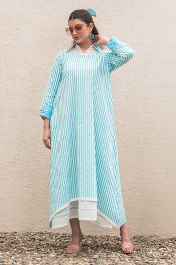 Buy_Daljit Sudan_Blue Cotton, Muslin (mulmul) Embroidery Collared Stripe Double Layer Long Dress _Online_at_Aza_Fashions