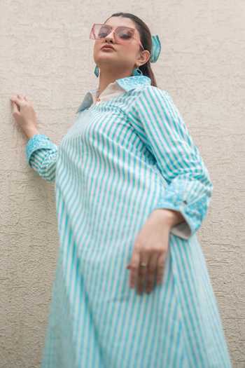 Shop_Daljit Sudan_Blue Cotton, Muslin (mulmul) Embroidery Collared Stripe Double Layer Long Dress _Online_at_Aza_Fashions