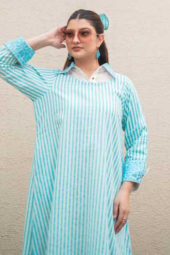 Daljit Sudan_Blue Cotton, Muslin (mulmul) Embroidery Collared Stripe Double Layer Long Dress _at_Aza_Fashions