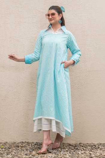 Buy_Daljit Sudan_Blue Cotton, Muslin (mulmul) Embroidery Collared Stripe Double Layer Long Dress 
