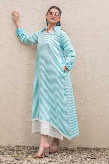 Shop_Daljit Sudan_Blue Cotton, Muslin (mulmul) Embroidery Collared Stripe Double Layer Long Dress 