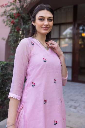 ASRUMO_Pink Cotton, Doriya Embroidery V-neck Kurta Set _Online_at_Aza_Fashions