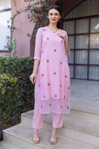 Buy_ASRUMO_Pink Cotton, Doriya Embroidery V-neck Kurta Set 