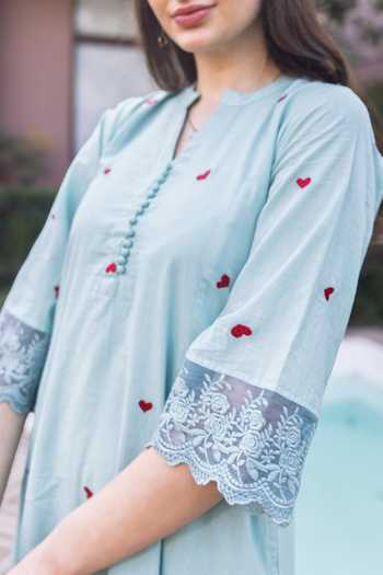 Shop_ASRUMO_Blue Cotton Machine Embroidery V-neck Heart Kurta And Pant Set _Online_at_Aza_Fashions