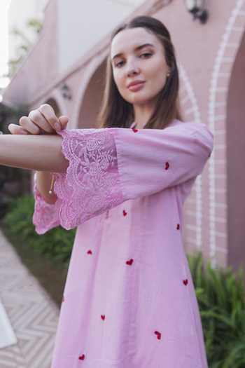 ASRUMO_Pink Cotton Embroidery Mandarin Collar Heart Straight Kurta Set _Online_at_Aza_Fashions