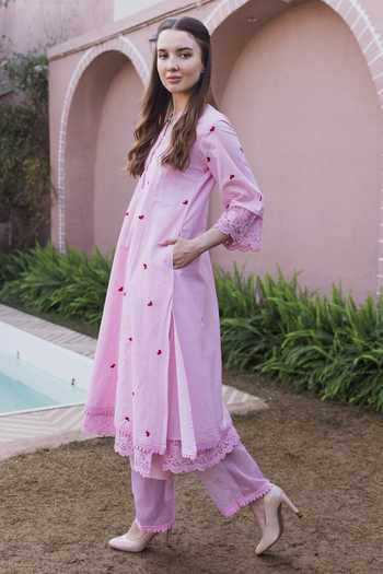 Shop_ASRUMO_Pink Cotton Embroidery Mandarin Collar Heart Straight Kurta Set _Online_at_Aza_Fashions