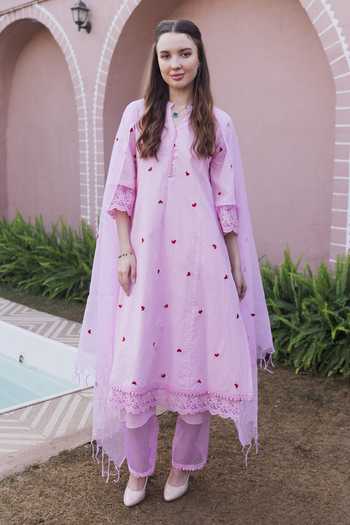 ASRUMO_Pink Cotton Embroidery Mandarin Collar Heart Straight Kurta Set _at_Aza_Fashions