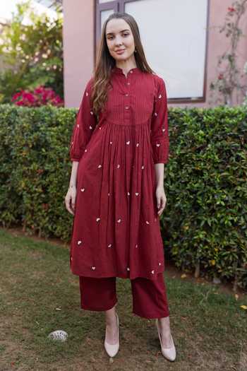 ASRUMO_Maroon Cotton Embroidery Mandarin Collar, Yes Scattered Kurta Set _at_Aza_Fashions