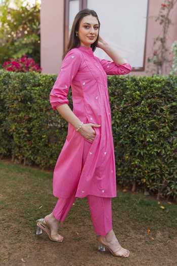 Buy_ASRUMO_Pink Cotton Embroidery Mandarin Collar, Yes Heart Kurta Set _Online_at_Aza_Fashions