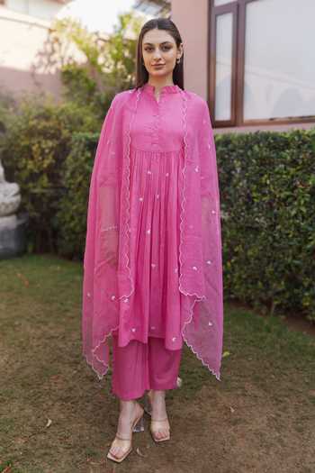 Shop_ASRUMO_Pink Cotton Embroidery Mandarin Collar, Yes Heart Kurta Set _Online_at_Aza_Fashions