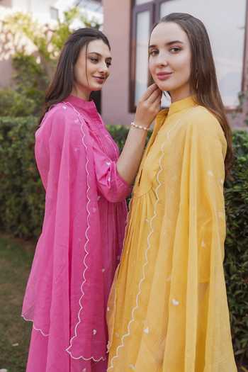 ASRUMO_Yellow Cotton Embroidery Mandarin Collar, Yes Straight Kurta Set _Online_at_Aza_Fashions