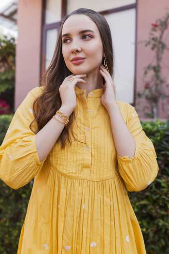 Buy_ASRUMO_Yellow Cotton Embroidery Mandarin Collar, Yes Straight Kurta Set _Online_at_Aza_Fashions