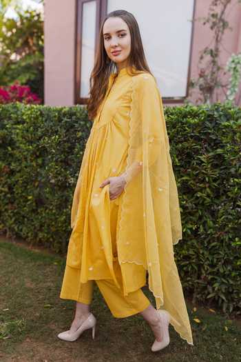 Shop_ASRUMO_Yellow Cotton Embroidery Mandarin Collar, Yes Straight Kurta Set _Online_at_Aza_Fashions