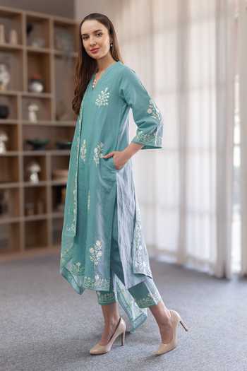 ASRUMO_Blue Linen Embroidery V-neck, Yes Straight Kurta Set _Online_at_Aza_Fashions