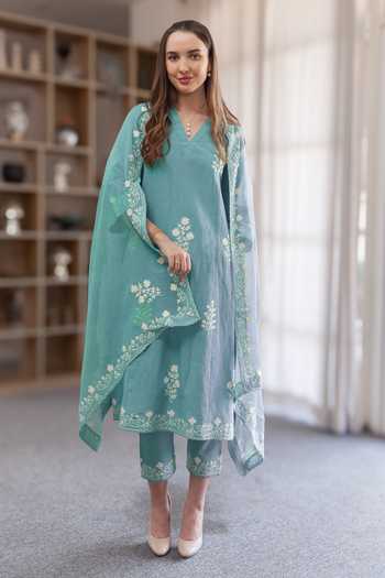 Buy_ASRUMO_Blue Linen Embroidery V-neck, Yes Straight Kurta Set _Online_at_Aza_Fashions