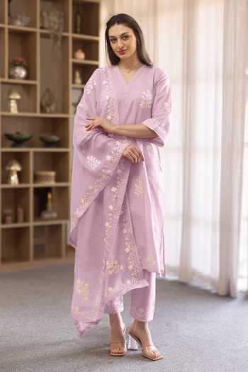 ASRUMO_Pink Linen Embroidery V-neck Straight Kurta And Pant Set W _Online_at_Aza_Fashions