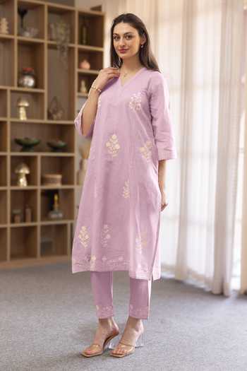 Buy_ASRUMO_Pink Linen Embroidery V-neck Straight Kurta And Pant Set W _Online_at_Aza_Fashions