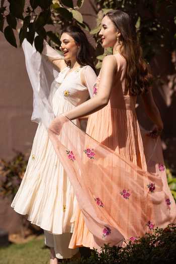 Shop_ASRUMO_Peach Cotton, Voile Embroidery V-neck, Yes Kurta Set _Online_at_Aza_Fashions