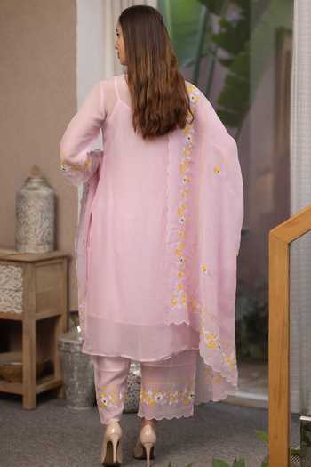 Shop ASRUMO Pink Viscose Embroidery V-neck, Yes Hand Kurta Set at Aza Fashions Shop_ASRUMO_Pink Viscose Embroidery V-neck, Yes Hand Kurta Set _at_Aza_Fashions