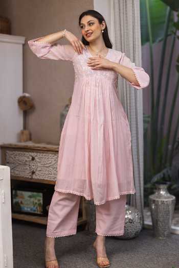 ASRUMO_Pink Chanderi Embroidery V-neck Mul Kurta Set _Online_at_Aza_Fashions