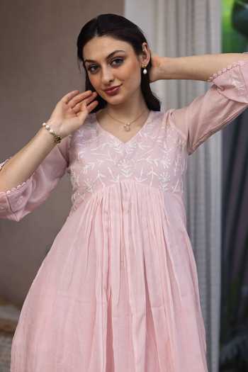 Shop_ASRUMO_Pink Chanderi Embroidery V-neck Mul Kurta Set _Online_at_Aza_Fashions