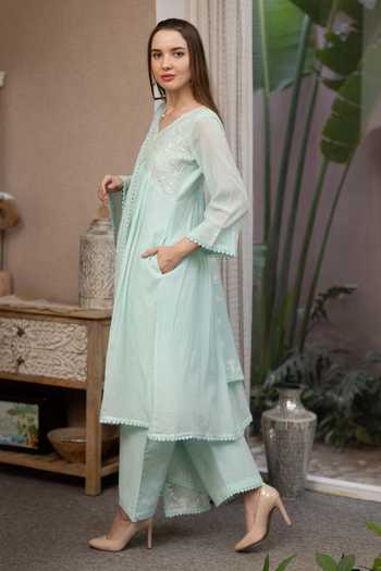 ASRUMO Green Chanderi Embroidery, V-neck, Yes Mul Kurta Set Online at Aza Fashions ASRUMO_Green Chanderi Embroidery, V-neck, Yes Mul Kurta Set _Online_at_Aza_Fashions