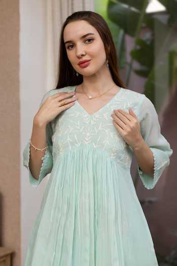 Buy ASRUMO Green Chanderi Embroidery, V-neck, Yes Mul Kurta Set Online at Aza Fashions Buy_ASRUMO_Green Chanderi Embroidery, V-neck, Yes Mul Kurta Set _Online_at_Aza_Fashions