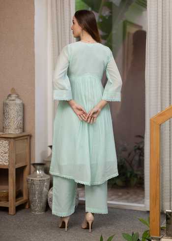 Shop ASRUMO Green Chanderi Embroidery, V-neck, Yes Mul Kurta Set at Aza Fashions Shop_ASRUMO_Green Chanderi Embroidery, V-neck, Yes Mul Kurta Set _at_Aza_Fashions