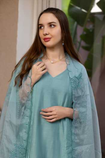 ASRUMO_Green Chanderi Embroidery V-neck, Yes Straight Kurta Set _at_Aza_Fashions