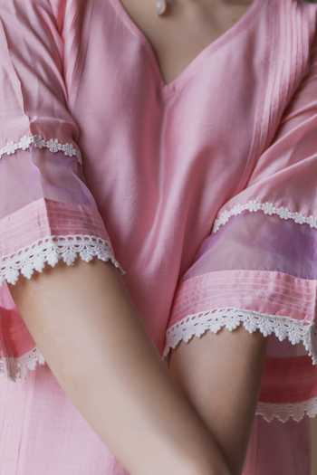 Shop ASRUMO Pink Chanderi Embroidery V-neck Lace Trimmed Kurta Set Online at Aza Fashions Shop_ASRUMO_Pink Chanderi Embroidery V-neck Lace Trimmed Kurta Set _Online_at_Aza_Fashions