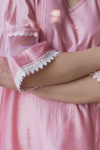ASRUMO Pink Chanderi Embroidery V-neck Lace Trimmed Kurta Set at Aza Fashions ASRUMO_Pink Chanderi Embroidery V-neck Lace Trimmed Kurta Set _at_Aza_Fashions