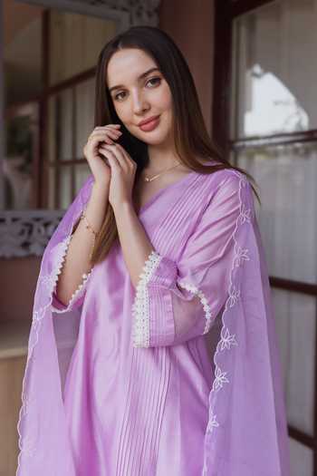 ASRUMO_Purple Chanderi Embroidery V-neck, Yes Kurta Set _Online_at_Aza_Fashions