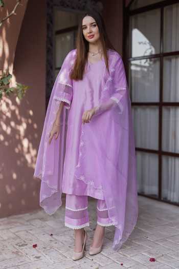 Buy_ASRUMO_Purple Chanderi Embroidery V-neck, Yes Kurta Set _Online_at_Aza_Fashions
