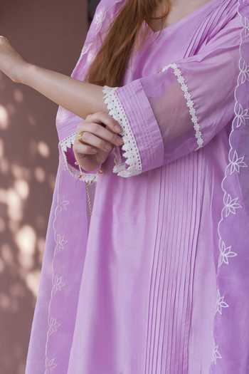 Shop_ASRUMO_Purple Chanderi Embroidery V-neck, Yes Kurta Set _Online_at_Aza_Fashions
