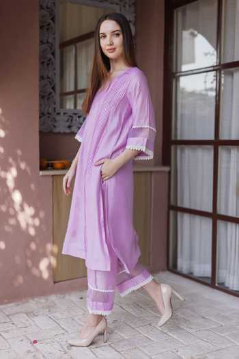 ASRUMO_Purple Chanderi Embroidery V-neck, Yes Kurta Set _at_Aza_Fashions