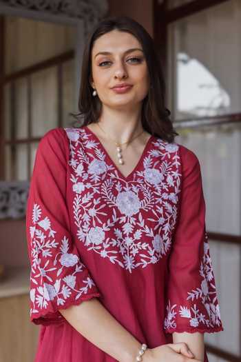 Buy ASRUMO Maroon Chanderi Embroidery V-neck Mul Kurta Set Buy_ASRUMO_Maroon Chanderi Embroidery V-neck Mul Kurta Set