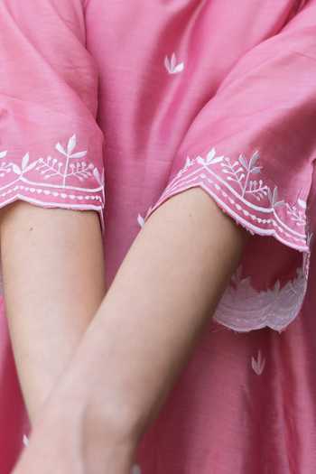 ASRUMO Pink Chanderi Embroidery V-neck Kurta Set Online at Aza Fashions ASRUMO_Pink Chanderi Embroidery V-neck Kurta Set _Online_at_Aza_Fashions