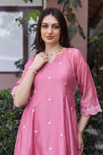 Buy ASRUMO Pink Chanderi Embroidery V-neck Kurta Set Online at Aza Fashions Buy_ASRUMO_Pink Chanderi Embroidery V-neck Kurta Set _Online_at_Aza_Fashions