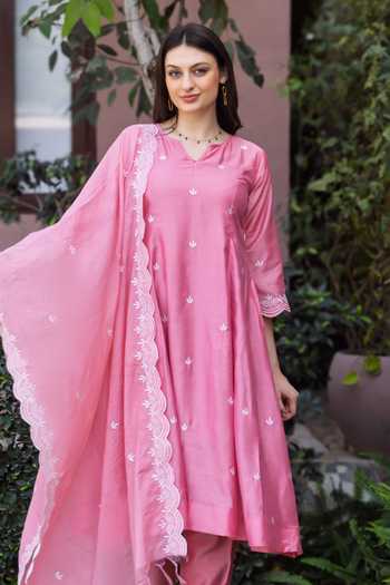 Shop ASRUMO Pink Chanderi Embroidery V-neck Kurta Set Online at Aza Fashions Shop_ASRUMO_Pink Chanderi Embroidery V-neck Kurta Set _Online_at_Aza_Fashions