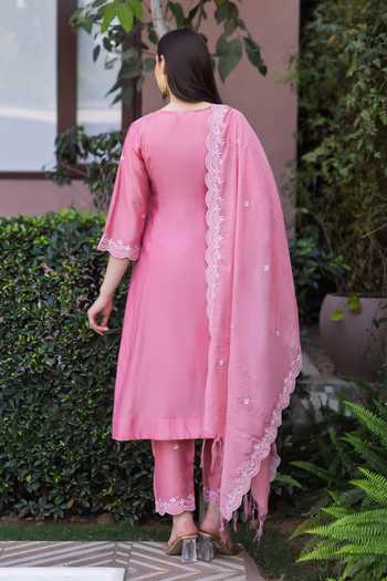 Shop ASRUMO Pink Chanderi Embroidery V-neck Kurta Set at Aza Fashions Shop_ASRUMO_Pink Chanderi Embroidery V-neck Kurta Set _at_Aza_Fashions